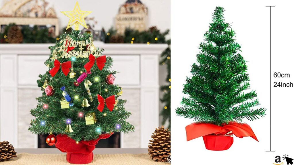 60cm Mini-Weihnachtsbaum, Künstlicher Kleiner Tisch-Weihnachtsbaum, mit LED-Lichterketten & Christbaumschmuck