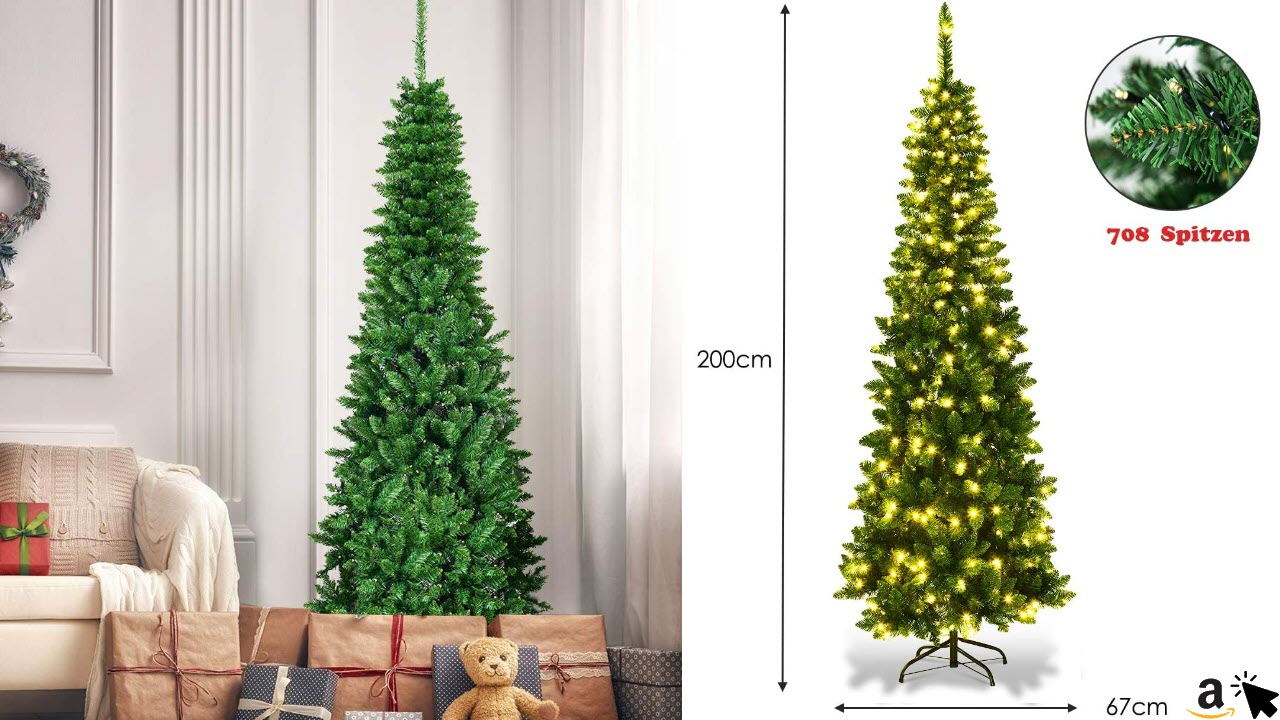 COSTWAY Slim Schmaler Bleistift Weihnachtsbaum mit warmweißen LED