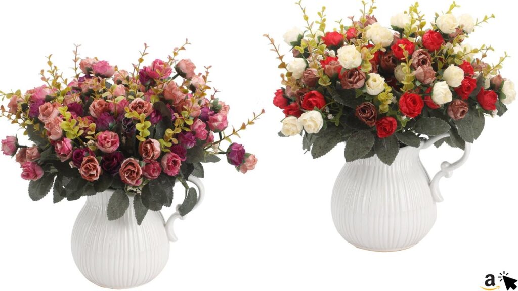 Peoxio Künstliche Blumen mit künstlichen Rosen, 7 Stiele, 21 Blüten, Seidenblumen, toll als Deko