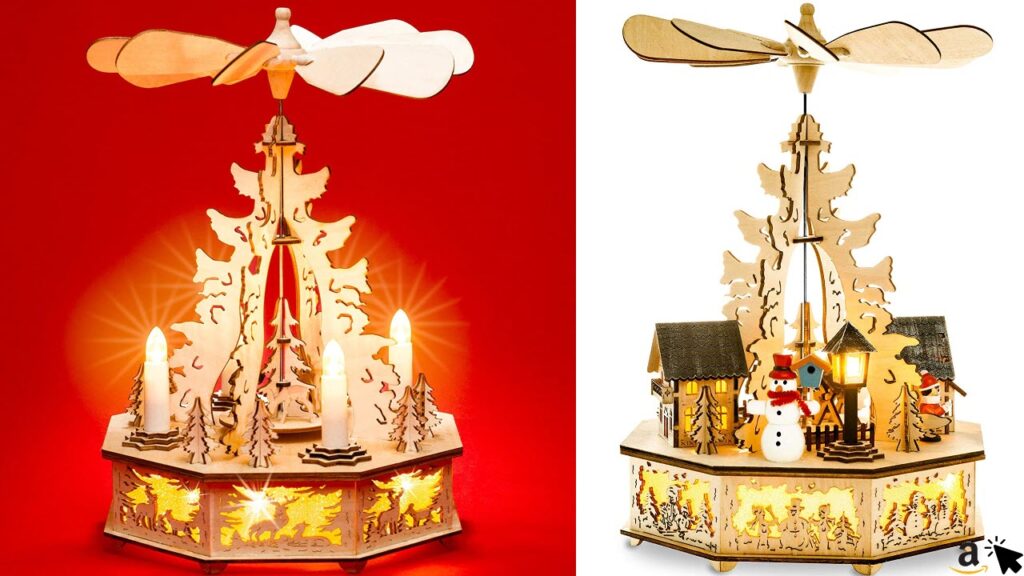 Sikora LED Holz Weihnachtspyramide mit elektrischem Antrieb und beleuchteten Kerzen und Sockel, Motive wählbar